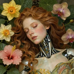 a beautiful fine art portrait photo of a resting cyborg, wavy hair spread out, surrounded by hibiscus, daffodils, moth orchids, montsera leaves by alphonse mucha and zach sutton, soft lighting, very detailed, deep depth of field, artstation, 4K