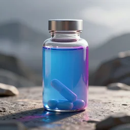 concept art of an apple computer dietary supplement in a transparent bottle filled with blue magenta iridescent liquid, by greg rutkowski, black and white tones, white background, digital painting, artstation, concept art, smooth, sharp foccus ilustration hq