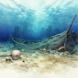 incredible wide screenshot, ultrawide, simple watercolor, rough paper texture, ghost in the shell movie scene, underwater backlit distant shot of submerged city, underwater, boat wreck, discarded fishing net, bouys, dusty, dry, pencil marks, genius party, shinjuku, koji morimoto, katsuya terada, masamune shirow, tatsuyuki tanaka hd, 4 k, remaster, dynamic camera angle, deep 3 point perspective, fish eye, dynamic lighting