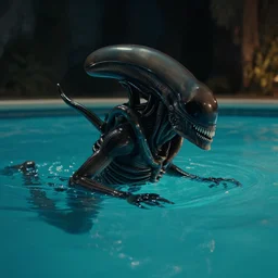 film still of xenomorph swimming in a pool at night in the new alien movie, 4 k