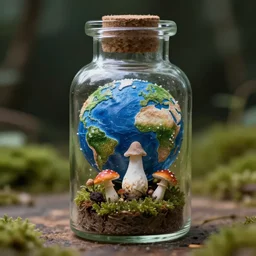 miniature world in a glass bottle, space, mushroom