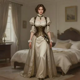 woman model, steampunk clothes, neutral colors, in a bedroom!!!!!!!!!!!!!!!!!!!!, elegant, highly detailed, digital painting, artstation, concept art, smooth, sharp focus, illustration, art by krenz cushart and artem demura and alphonse mucha