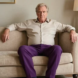full body photo of older handsome lord richard. he is sitting gracefully on a sofa, he is wear elegant elastic plum plum. oh he is a human by the way, wear's beige shirt, has firm skin and big bouncy belly