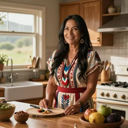 happy native american housewife with stephanie tanner features in summer dress in the kitchen