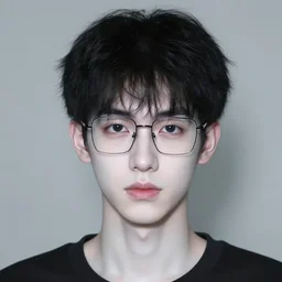 a male in his mid twenties, thin square glasses, skin fade black hair, pale white skin