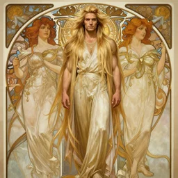 attractive bradley james as lucifer morningstar, ornate long blond hair, whole body in frame, natural lighting, path traced, highly detailed, high quality, digital painting, by gaston bussiere, craig mullins, alphonse mucha j. c. leyendecker