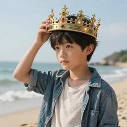 an intricate concept art, photorealism, a boy holding a crown, in a beach, natural light, ultra photorealistic, pinterest, artstation, cgsociety, pinterest, digital art, hyper detail, anime colors, style by wlop, octane render, 8 k