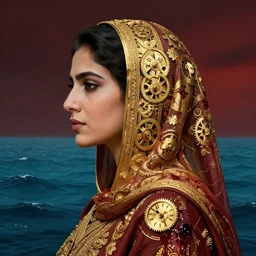 portrait of pakistan woman :: side profile :: in ocean :: clockwork details :: gold :: blood and horror ::  by marvel and Sandra Chevrier