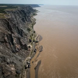 top view of muddy river delta joining sea by hiroshi yoshida, marc simonetti, roger deakins, turner, rothko, hyperrealistic, cinematic, rock plateau, dramatic north american landscape, matte painting, fluid simulation, trending on artstation, 8 k high detail concept art, rendered in octane