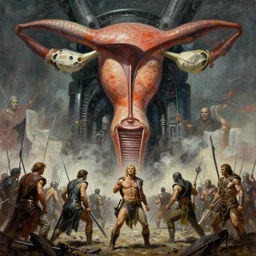 oil painting of 3 0 0 0 battle - panorama bicornate uterus new gods as terrifying machine, by jack kirby, ditko, alberto bontempi, shigeru komatsuzaki, wayne d barlowe, alex ross, enric torres, simon bisley & boris vallejo, hyper realism, cinematical, narrative light, muted colors, epic, hyper detailed, awe