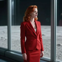 a still from the move 2 0 4 9 depicting a beautiful young redheaded businesswoman in a tailored red suit staring out of a plate glass window. outside is the surface of the moon. sci fi, futuristic, cinematic, soft lighting