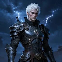 portrait of beautiful gothic and futuristic young man, warcpace, cyber and rocks armor, a lot of more and more scars, thunderstorm, blueack with white head, the middle ages, highly detailed, artstation, illustration, more and more composision, 8 k quality, art by jean delville, rene magritte