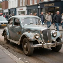 street photography by saul leiter, in a busy street, award winning photo of an ultra detailed intricate dirty vintage ford car speeding very fast on mud, fast shutter speed, motion blur, tiny gaussian blur, highly detailed, highly intricate, depth of field, trending on top gear