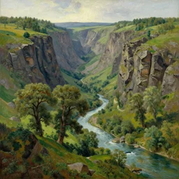 pastoral tribute to caspar david friedrich a wide expansive valley with verdant foliage, tall broad oaks, a beautiful pellucid river running betwixt gorgeous igneous rock driven up by glaciers oil paint rendering jonas de ro