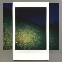 polaroid photo!! of a empty steep grass hill with no trees, flash photography, at night, uncanny photo, colored photograph