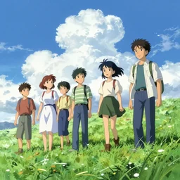 A beautiful ultra detailed matte painting, anime background, blue sky, fluffy clouds, bright green grass, wonderful, vivid colors, by thomas kinkade and james gurney, anime key visual, makoto shinkai, ilya kuvshinov, lois van baarle, rossdraws, detailed, trending on artstation
