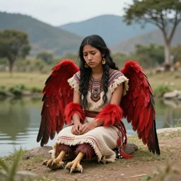 prompt Young Woman, wearing Inka clothes, Harpy, red feathered wings for arms, bird legs, sad expression, sitting at a pond, mountainous area, trees in the background, digital art