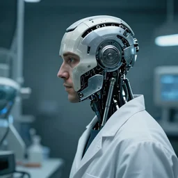 a laboratory operator man with cybernetic enhancements seen from a distance, 1 / 2 headshot, scifi character portrait by greg rutkowski, craig mullins, daytoner, cinematic lighting, dystopian scifi gear, profile picture, mechanical, cyborg, half robot