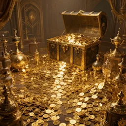 large treasure room filled with piles of gold coins and magic artifacts, trending on artstation
