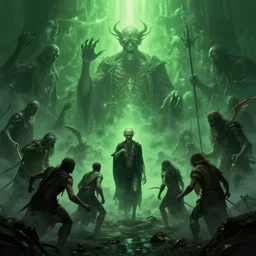cinematic artwork of a lovecraftian battle of epic proportions, green ambient light, elder gods, light fog, artwork by greg rutkowski, 4 k, masterpiece