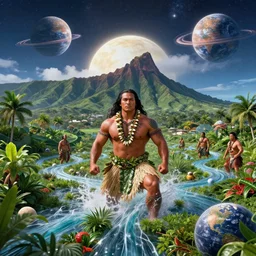 duke kahanamoku as a hawaiian warrior emerging from a surrounded intergalactic planets connected by streams of multiversal flow, sigma male, gigachad, lush garden, diamond head backdrop, visually stunning, luxurious, by wlop, james jean, jakub rebelka, tran nguyen, peter mohrbacher, yoann lossel