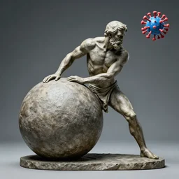 sisyphus and the eternal boulder statue but with covid molecule instead of a boulder