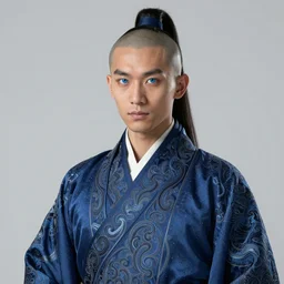 male monk with a mongolian pigtail!!!! asian facial features and blue eyes!! intricate ornate blue robes!! character concept art, sharp focus, octane render! unreal engine 5! highly rendered!! trending on artstation!! detailed linework!! illustration by artgerm, wlop, and chie yoshii