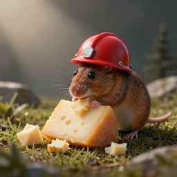 mouse with red helmet eating cheese