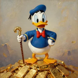 Scrooge McDuck standing on a mountain of gold and holding a cane, oil painting, highly detailed