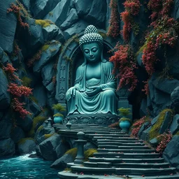 a gorgeous bleak autumn painting by barlowe wayne, maxfield parrish, gustave dore and marco mazzoni. close - up shot on a lonely huge chinese buddha statue, broken, moss, stone gate to the dark cave, vines. tiffany blue, maroon, blackish green. the winding stone steps. ultra clear detailed. 3 d, octane render. turbulent blood lake.