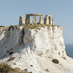 concept art by craig mullins of a small, white marble cliff in a meditereanian landscape, with stone henge on top
