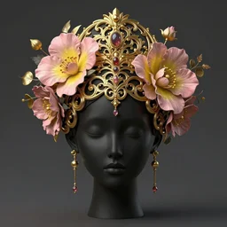 beautiful black pink yellow, complicated gold and pink flowers in baroque style headwears, dark fantasy, intricate, elegant, highly detailed, digital painting, artstation, concept art, matte, 3 d 8 k octane rendered, sharp focus, illustration, octane rendered, art by artgerm and alphonse mucha, leesha hannigan