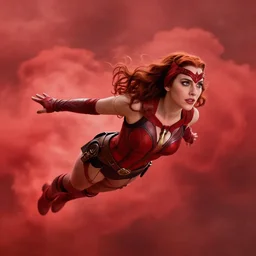 film still of Natalie Portman as Scarlett Witch flying in red clouds casting a hex surrounded by glowing glyphs in Multiverse of Madness, 4k