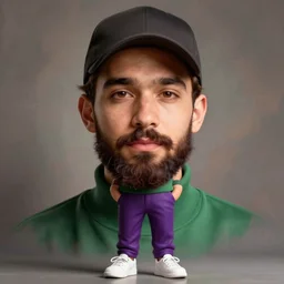 a young man with a chin - style dark brown beard without mustache in a dark black cap, green turtleneck, purple pants and super white sneakers in full height, perfect face, digital art