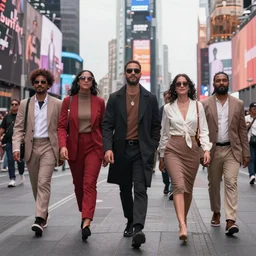 group of people with aesthetic outfits walking down in times square, 8k photograph, instagram post