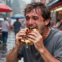 man eating pulled pork sandwich in the rain, crying, melting, busy street in background, red, gray, blue, white, artwork of tim okamura