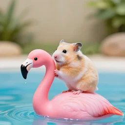 hamster riding flamingo in the pool