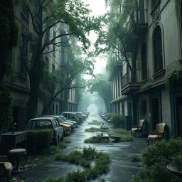 the exterior of an abandoned a city with trees growing everywhere with furniture and everything in deterioration, in the rain and with wrecked cars outside and weeds growing 🌿 on the walls, style artstation, style greg rutkowsk, comic art book,, octane render, unreal engine 6, epic game graphics, fantasy, ciberpunk, post - apocaliptic, ray tracing