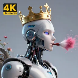 portrait of an ai robot king wearing a crown profile view portrait 4 k digital art 3 d render octane render, anime, two dimensional, looking to the side, blowing brush, flowers, eerie