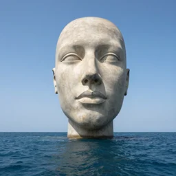 a giant sculpture of an abstract human head on the surface of the ocean, hyper - realistic, very detailed, realistic water, ray tracing, 8 k resolution, long - shot, sharp focus, low angle, 8 5 mm photograph, wide lens