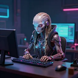 cyberpunk synthwave min pin at a computer station in the style of H.R. Giger, photorealistic, mood lighting, 4k, artstation