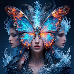 3 d goddess butterfly face portrait, sigma 5 0 0 mm f 4, beautiful intricate highly detailed quetzalcoatl feathers. bioluminescent, plasma, lava, ice, water, wind, artwork by tooth wu and wlop and beeple and greg rutkowski, 8 k trending on artstation, volumetric lighting