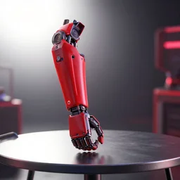 cyberpunk red neon arm prostetic on an iron table, octane render, 3D, hard backlight, bokeh, !!!award-winning!!!