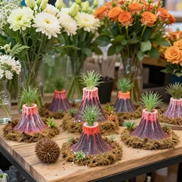 a flower stand with small erupting volcanoes