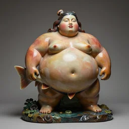 sculpture with obese rotund salmon, modern art, botero mueck, painted glossy resin. swiss national museum, zurich, wide shot
