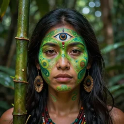 the ayahuasca vine plant spirit mixed with the face of a beautiful indigenous woman with a third eye in the jungle, face painted in green, fractals, beautiful colors, matte painting, by christophe vacher