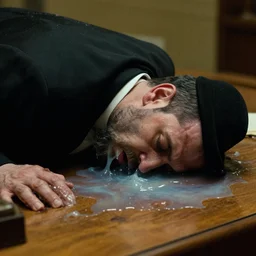 a photograph photo of a rabbi lying on his desk, dead and twisted by a curse, leaking ooze from his ears and eyes and skin into a puddle, covered in ectoplasm