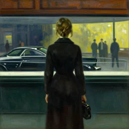 A girl in Automat by Edward Hopper (1927), photograph by Wim Wenders