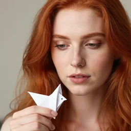 beautiful redhead woman, origami, closeup