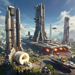 a beautiful colourful scifi rendering of massive brutalist industrial military modern cathedral buildings and mri machines, star wars, unreal engine, Artstation massive aircraft carrier towers futuristic modern cathedral architecture with hangar bays maschinen krieger, Simon Stälenhag, ilm, beeple, star citizen halo, mass effect, starship troopers, elysium